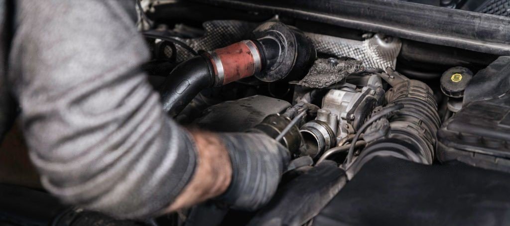 mechanic repairing jeep engine with gloves